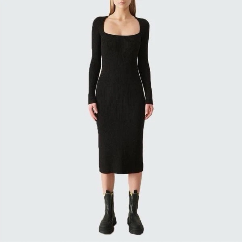 Ganni Melange-Knit Long-Sleeve Midi Dress Square Neck Black Size M NWT Slim